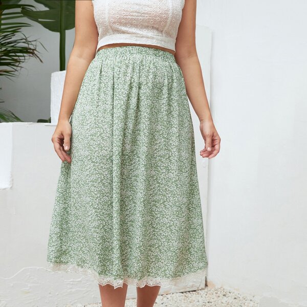 

Plus Ditsy Floral Contrast Lace Skirt, Mint green