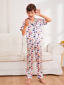 Boys Cartoon Dinosaur Satin PJ Set - Multicolor - View 1