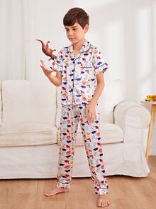 Boys Cartoon Dinosaur Satin PJ Set - Multicolor - View 3