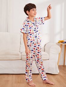 Boys Cartoon Dinosaur Satin PJ Set - Multicolor - View 4