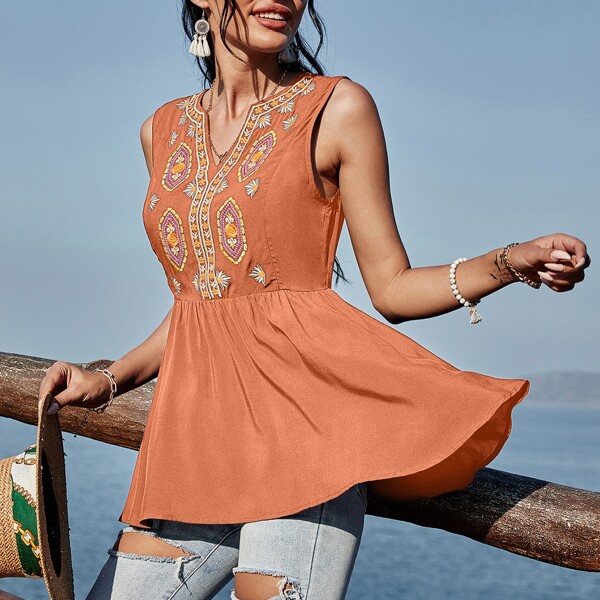 

Floral Embroidery Sleeveless Peplum Blouse, Brown