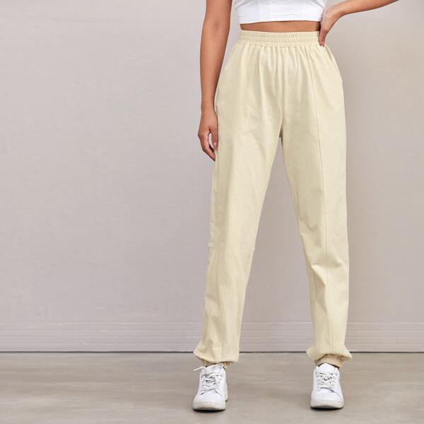 

Slant Pockets Elastic Waist Sweatpants, Apricot