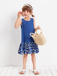 SHEIN 小女童橘色印花荷葉邊連衣裙 - 藍色 - 查看 1