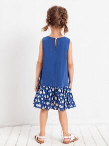 SHEIN 小女童橘色印花荷葉邊連衣裙 - 藍色 - 查看 2