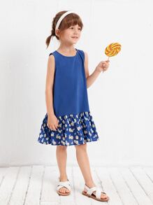 SHEIN 小女童橘色印花荷葉邊連衣裙 - 藍色 - 查看 3
