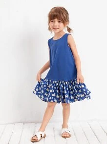 SHEIN 小女童橘色印花荷葉邊連衣裙 - 藍色 - 查看 4