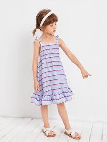SHEIN Vestido Sin Mangas Con Rayas Y Dobladillo Con Volantes Para Niñas Pequeñas - Multicolor - Ver 4