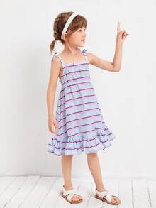 SHEIN Vestido Sin Mangas Con Rayas Y Dobladillo Con Volantes Para Niñas Pequeñas - Multicolor - Ver 5