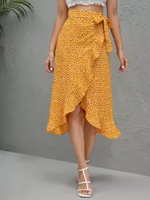 SHEIN Clasi 荷葉邊圍裹側打結半身裙 - 芥末黃 - 查看 1