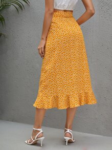 SHEIN Clasi 荷葉邊圍裹側打結半身裙 - 芥末黃 - 查看 2