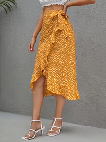 SHEIN Clasi 荷葉邊圍裹側打結半身裙 - 芥末黃 - 查看 3