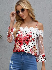 SHEIN Clasi Contrast Guipure Polka Dot Cold Shoulder Floral Print Blouse - Multicolor - View 1