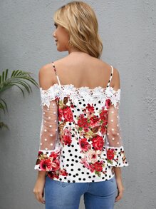 SHEIN Clasi Contrast Guipure Polka Dot Cold Shoulder Floral Print Blouse - Multicolor - View 2