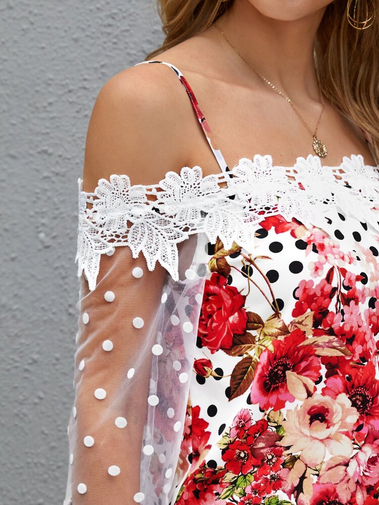 SHEIN Clasi Contrast Guipure Polka Dot Cold Shoulder Floral Print Blouse - Multicolor - View 3