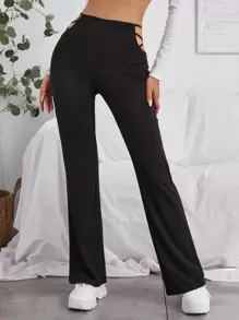 SHEIN Unity Solid Cutout Wide Leg Trousers - Black - View 1