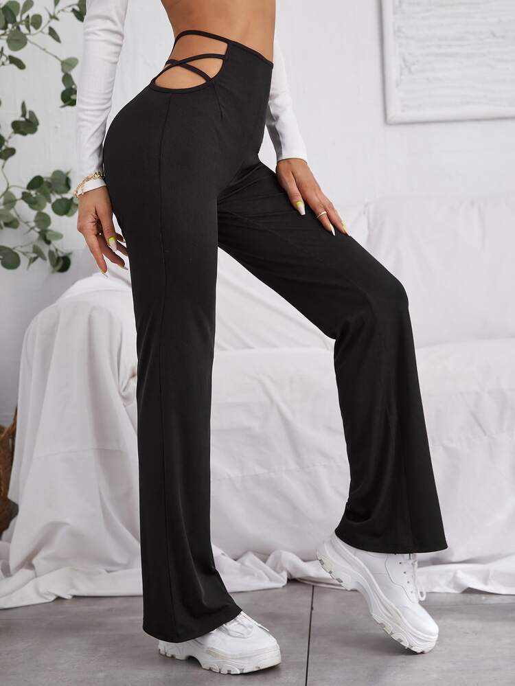 SHEIN Unity Pantalones Anchos Sólidos Con Recorte - Negro - Añade 3