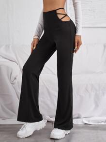SHEIN Unity Solid Cutout Wide Leg Trousers - Black - View 4