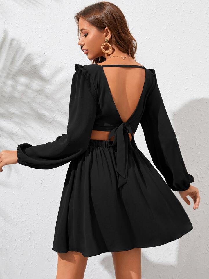 Our Plunging Neck Tie Back Cut Out Waist A-Line Dress is such a vibe - ROMWE