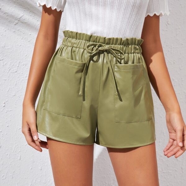 

Paper Bag Tie Waist Pocket Front PU Leather Shorts, Olive green