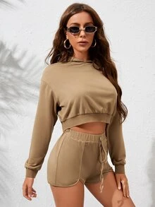 SHEIN Outfit de dos piezas Lazo delantero Liso Casual - Marrón Mocha - Ver 5