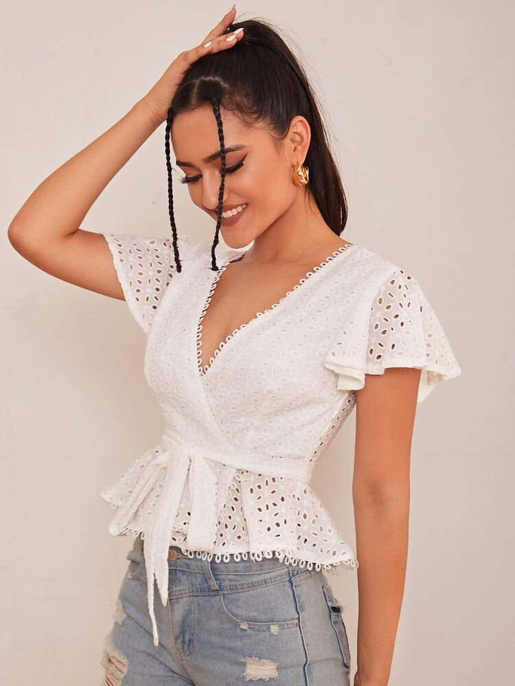 SHEIN 交叉領荷葉邊袖束腰提花女式襯衫 - 白色 - 查看 3