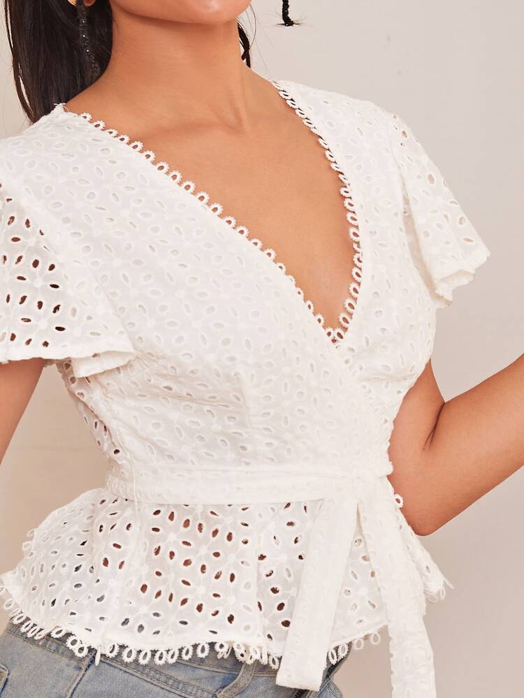 SHEIN 交叉領荷葉邊袖束腰提花女式襯衫 - 白色 - 查看 5