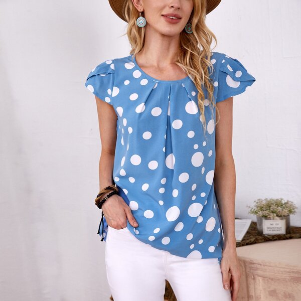 

Polka Dot Ruffle Sleeve Blouse, Blue