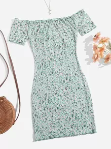 Soleia 小碎花印花露肩生菜邊緣連衣裙 - 彩色 - 查看 1