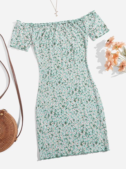 Soleia 小碎花印花露肩生菜邊緣連衣裙