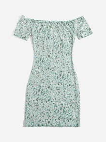 Soleia 小碎花印花露肩生菜邊緣連衣裙 - 彩色 - 查看 4