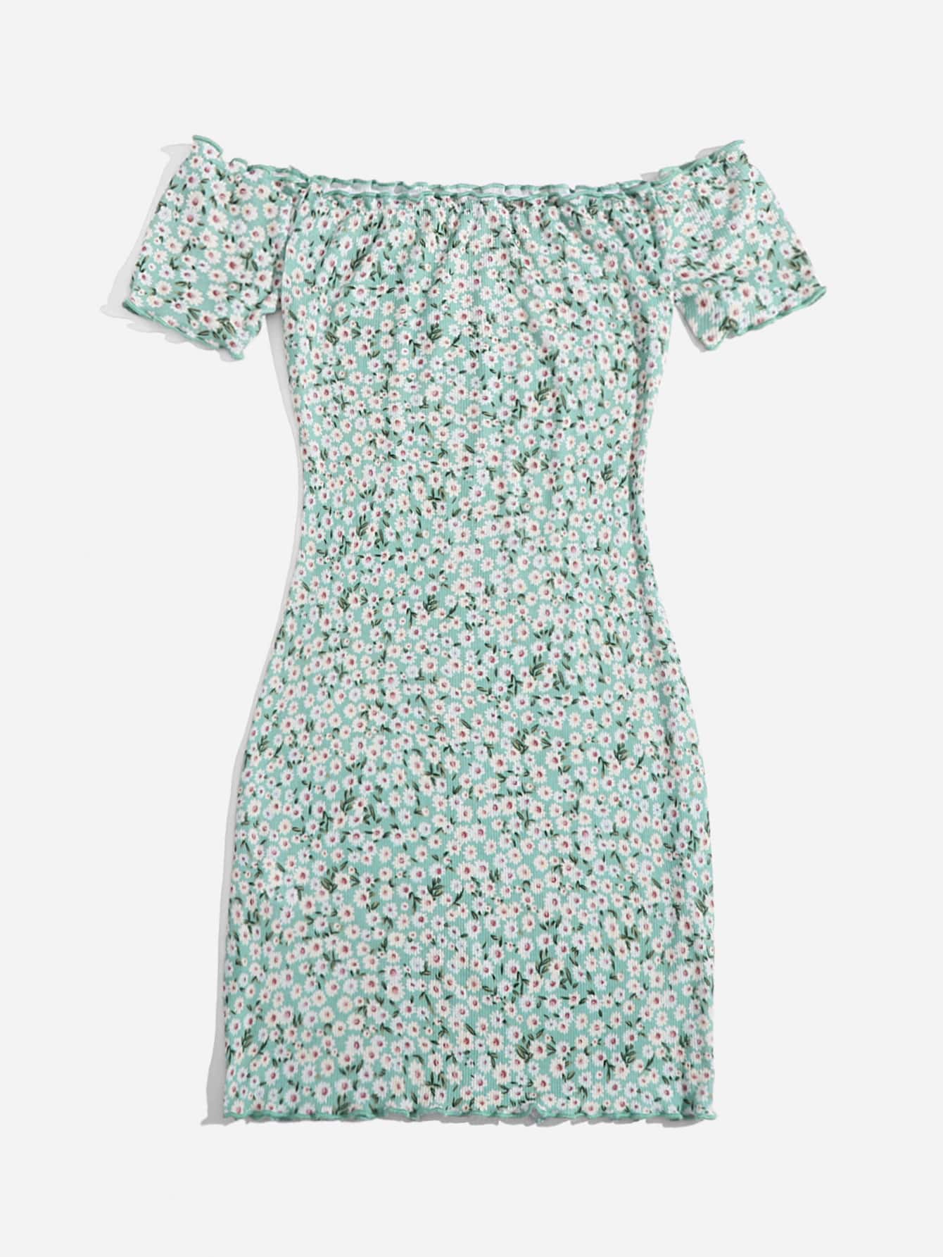 Soleia 小碎花印花露肩生菜邊緣連衣裙 - 彩色 - 查看 4