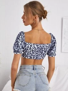 Top Corto Con Estampado De Leopardo, Cierre Con Encaje Y Lazo En La Parte Delantera - Azul y blanco - Ver 2