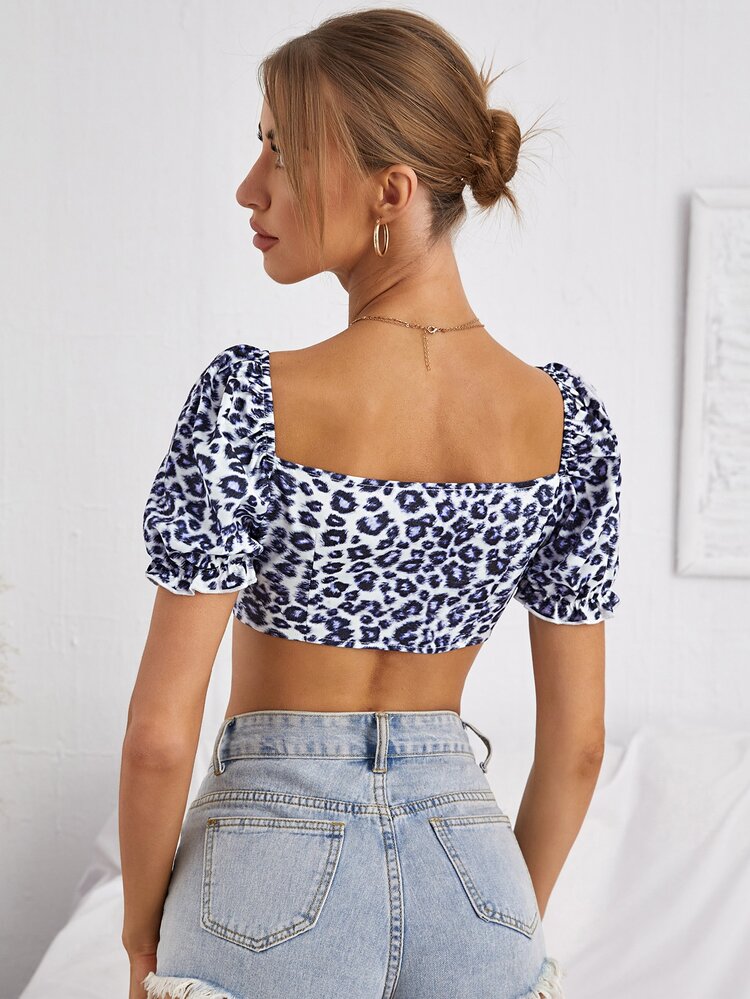 Leopard Print Lace Up Tie Front Crop Top - Blue and White - View 2