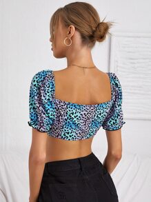 SHEIN Unity Áo nữ viền lá sen Ren lên Thắt nơ trước Báo Gợi cảm - Màu xanh lam - Xem 2