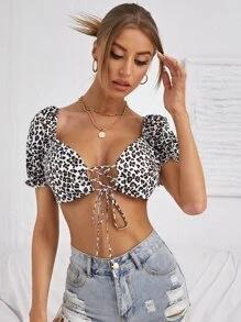 Leopard Print Lace Up Front Crop Top - Khaki - View 1