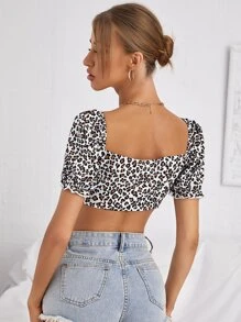 Leopard Print Lace Up Front Crop Top - Khaki - View 2