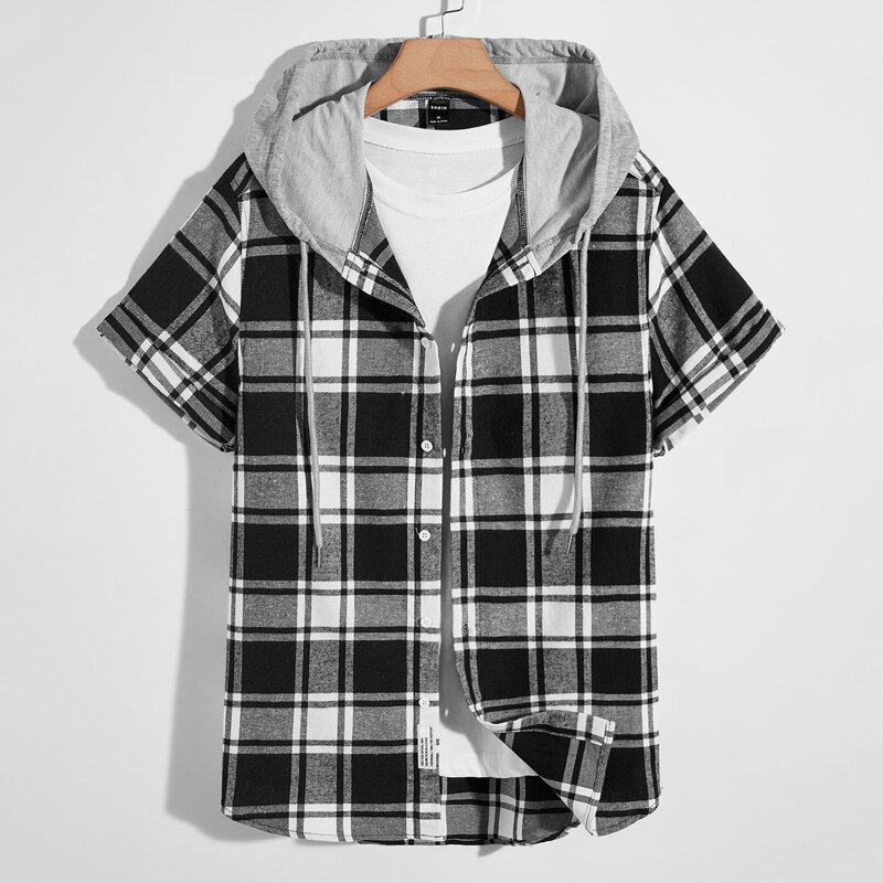 

Guys Lattice Button Through Hooded Shirt, Black and white