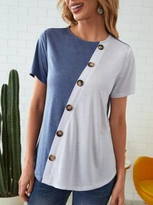EMERY ROSE Button Front Colorblock Tee - Blue and White - View 2