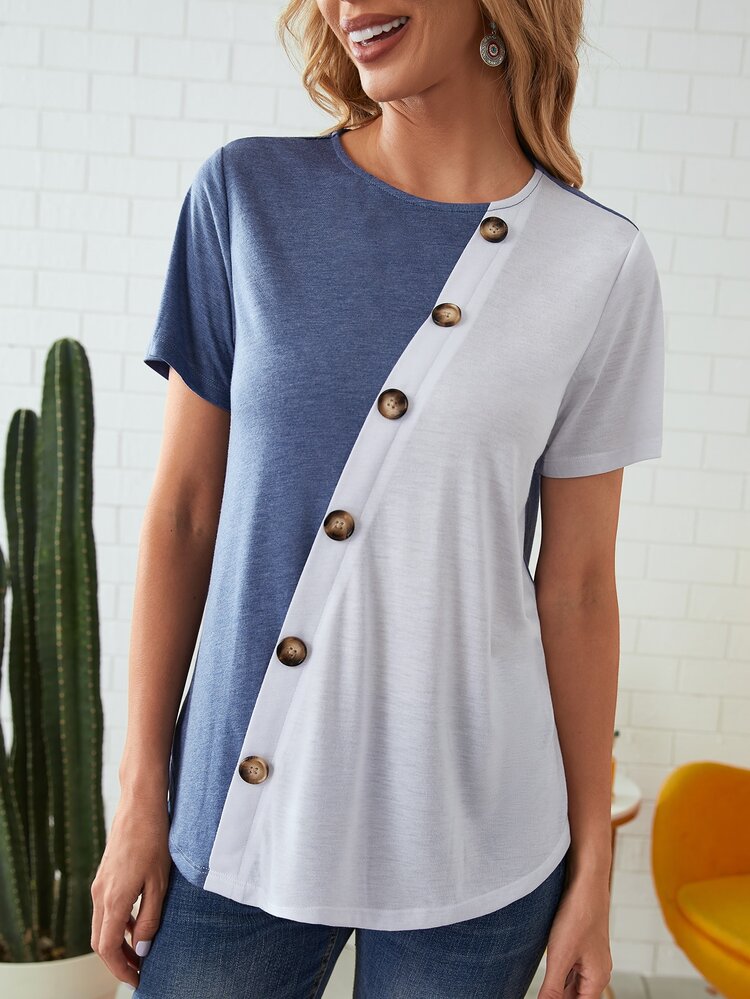 EMERY ROSE Button Front Colorblock Tee - Blue and White - View 2
