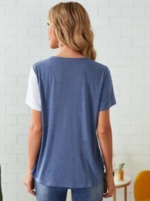 EMERY ROSE Button Front Colorblock Tee - Blue and White - View 3