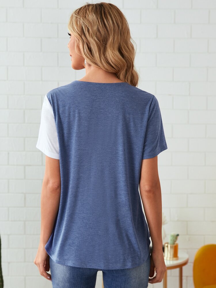 EMERY ROSE Button Front Colorblock Tee - Blue and White - View 3