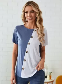EMERY ROSE Button Front Colorblock Tee - Blue and White - View 1