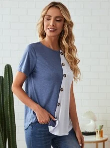 EMERY ROSE Button Front Colorblock Tee - Blue and White - View 4