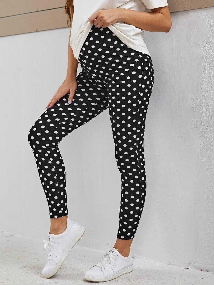 SHEIN Quần & Quần Leggings Bà bầu Chấm bi Thể thao - Đen và trắng - Xem 1