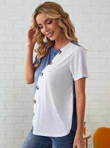 EMERY ROSE Button Front Colorblock Tee - Blue and White - View 5