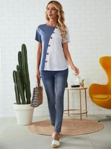 EMERY ROSE Button Front Colorblock Tee - Blue and White - View 6