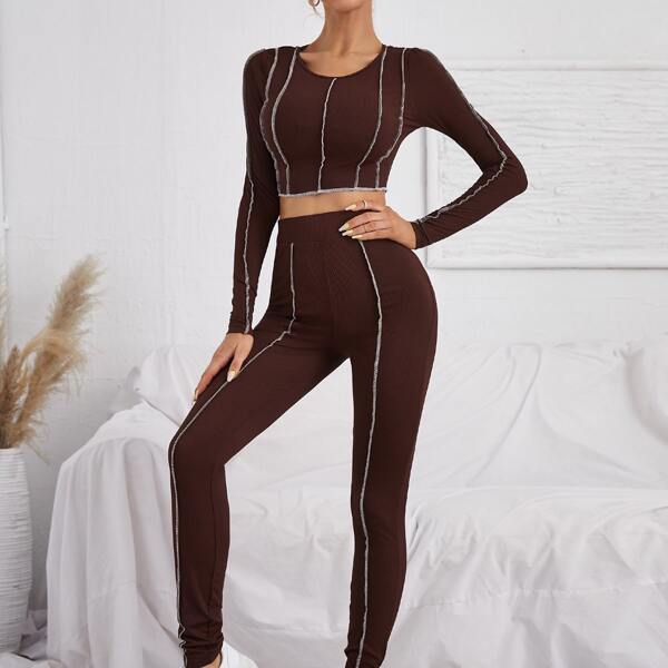 

Stitch Trim Rib Knit Crop Tee & Skinny Pants Set, Coffee brown