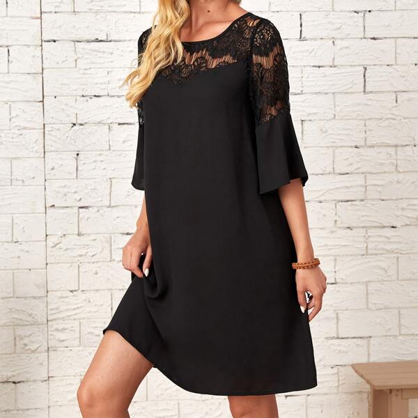 

Guipure Lace Insert Flounce Sleeve Dress, Black