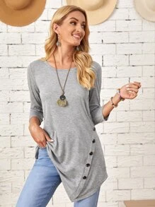 EMERY ROSE Asymmetrical Hem Button Detail Top - Light Grey - View 1
