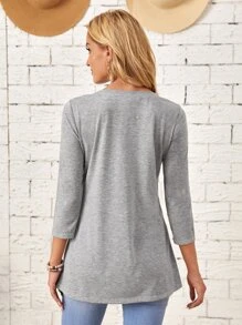 EMERY ROSE Asymmetrical Hem Button Detail Top - Light Grey - View 3
